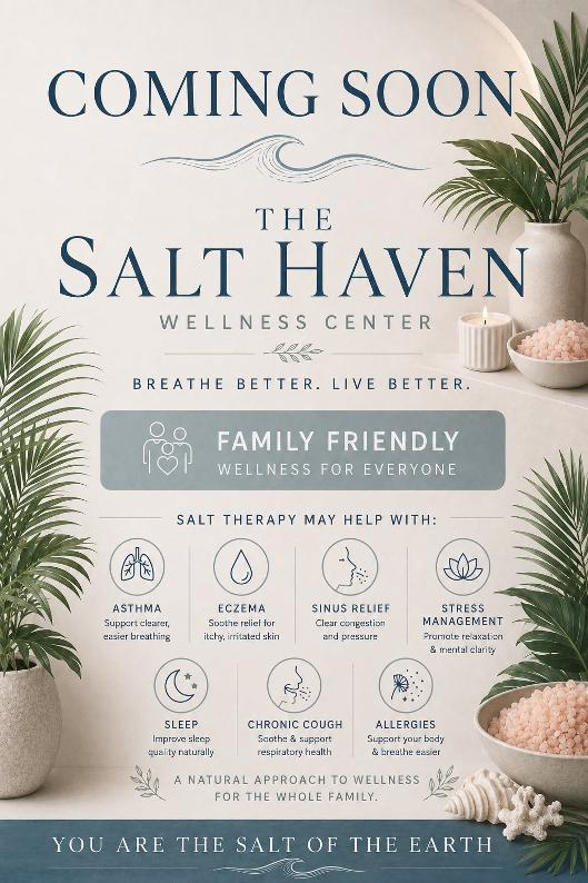 The Salt Haven coming soon flyer listing salt therapy benefits